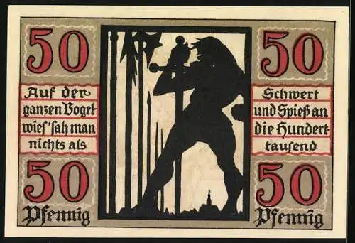 Notgeld Naumburg 1920, 50 Pfennig, dekoratives Wappen und Kirschmotive mit Schwert und Speer Silhouette