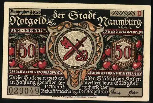 Notgeld Naumburg 1920, 50 Pfennig, Hunger quäle Durst tat weh und ein emzig Lot Kaffee kam auf sechzehn Pfennige