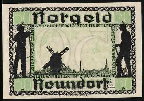 Notgeld Neundorf 1921, 50 Pfennig, stilisierte Männerfiguren, Windmühle und Stadtansicht