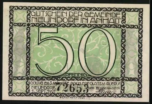 Notgeld Neundorf 1921, 50 Pfennig, stilisierte Männerfiguren, Windmühle und Stadtansicht