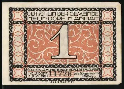 Notgeld Neundorf / Anhalt, 1921, 1 Mark, Gutschein der Gemeinde mit Baum- und Arbeitermotiv