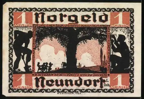 Notgeld Neundorf / Anhalt, 1921, 1 Mark, Gutschein der Gemeinde mit Baum- und Arbeitermotiv