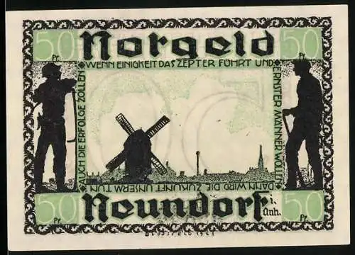 Notgeld Neundorf 1921, 50 Pfennig, Windmühle und Arbeiter, Gültig für 3 Monate nach Aufruf