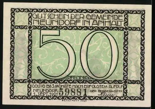 Notgeld Neundorf 1921, 50 Pfennig, Windmühle und Arbeiter, Gültig für 3 Monate nach Aufruf