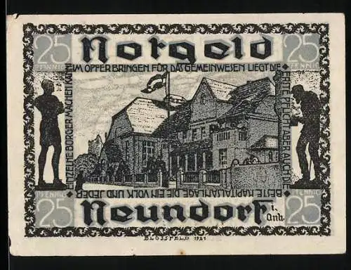 Notgeld Neundorf 1921, 25 Pfennig, Gebäude mit deutscher Beschriftung und Ornamenten