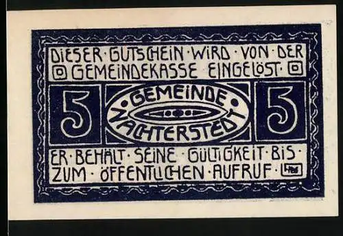 Notgeld Nachterstedt 1921, 5 Pfennig, Gutschein mit Industrieanlage und Gemeindekasse-Einlösungstext