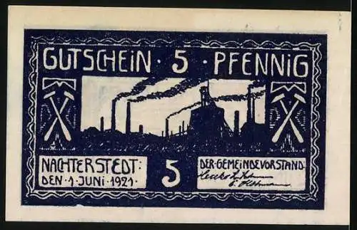 Notgeld Nachterstedt 1921, 5 Pfennig, Gutschein mit Industrieanlage und Gemeindekasse-Einlösungstext