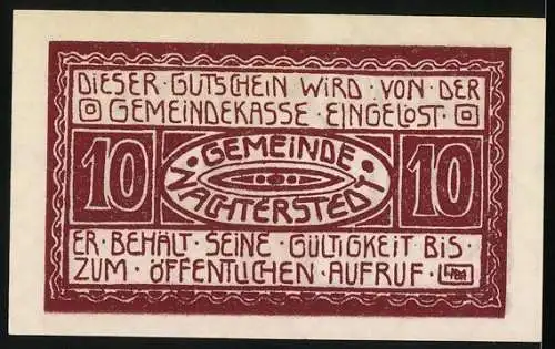 Notgeld Nachterstedt 1921, 10 Pfennig, Gutschein mit industrieller Szenerie und Gemeindekassen-Einlösung