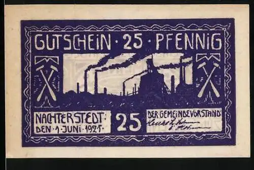 Notgeld Nachterstedt 1921, 25 Pfennig, Industrielandschaft mit rauchenden Schornsteinen und Gemeindevorstand