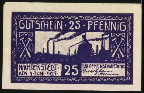 Notgeld Nachterstedt, 1921, 25 Pfennig, violett mit Industrielandschaft und Gemeindewappen