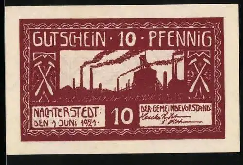 Notgeld Nachterstedt 1921, 10 Pfennig, Gutschein mit Industrieszene und Bergbausymbolen