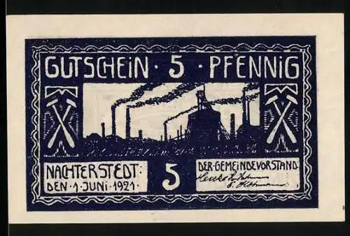 Notgeld Nachterstedt, 1921, 5 Pfennig, Gutschein mit Industrie-Szene und Gemeindekasse