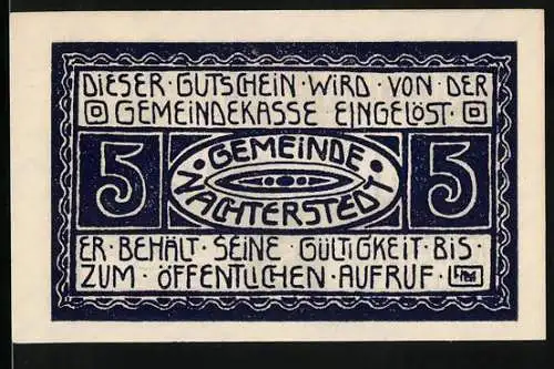 Notgeld Nachterstedt, 1921, 5 Pfennig, Gutschein der Gemeindekasse mit Industrieszene und Unterschriften