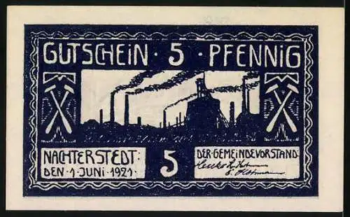 Notgeld Nachterstedt, 1921, 5 Pfennig, Gutschein der Gemeindekasse mit Industrieszene und Unterschriften