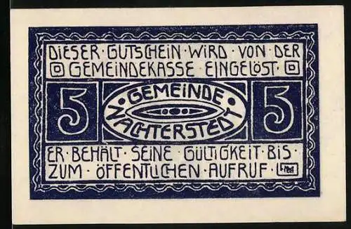 Notgeld Nachterstedt 1921, 5 Pfennig, Stilisiertes Industrie-Motiv und Gemeindebezug