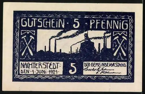 Notgeld Nachterstedt 1921, 5 Pfennig, Stilisiertes Industrie-Motiv und Gemeindebezug