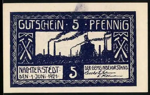 Notgeld Nachterstedt, 1921, 5 Pfennig, Industrielandschaft und Gemeindewappen