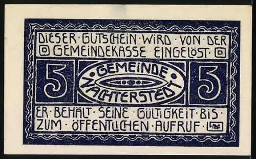 Notgeld Nachterstedt, 1921, 5 Pfennig, Industrielandschaft und Gemeindewappen