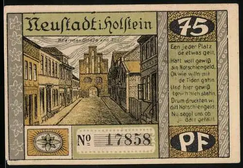 Notgeld Neustadt in Holstein, 1921, 75 Pfennig, Kremper Strasse und T, Brand von Neustadt 1817