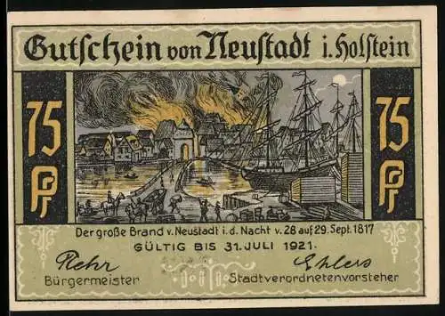 Notgeld Neustadt i. Holstein, 1921, 75 Pf, Grosser Brand und Kremper Strasse mit Tor