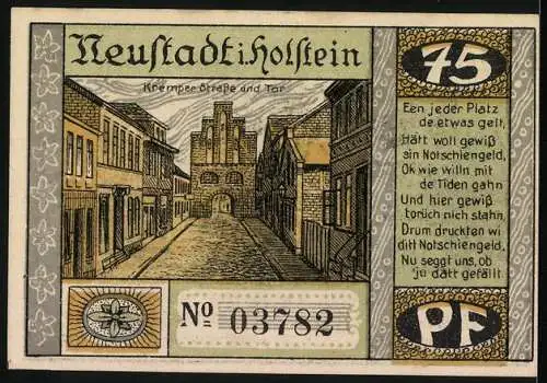 Notgeld Neustadt i. Holstein, 1921, 75 Pf, Grosser Brand und Kremper Strasse mit Tor
