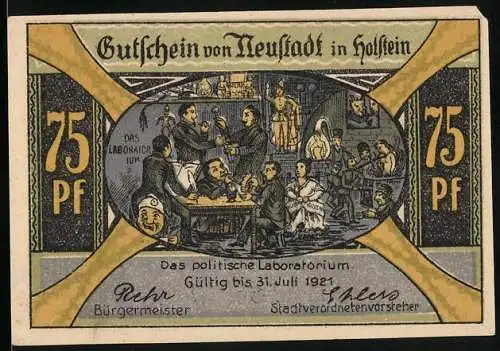 Notgeld Neustadt in Holstein 1921, 75 Pf, Das politische Laboratorium und Hafenansicht