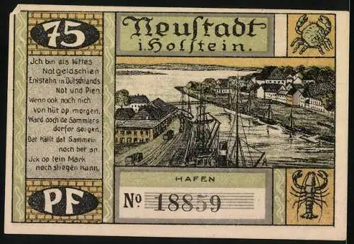 Notgeld Neustadt in Holstein 1921, 75 Pf, Das politische Laboratorium und Hafenansicht