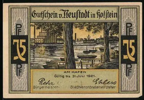 Notgeld Neustadt in Holstein 1921, 75 Pfennig, Vorderseite Hafenansicht, Rückseite Ziegenreiter und Gedicht