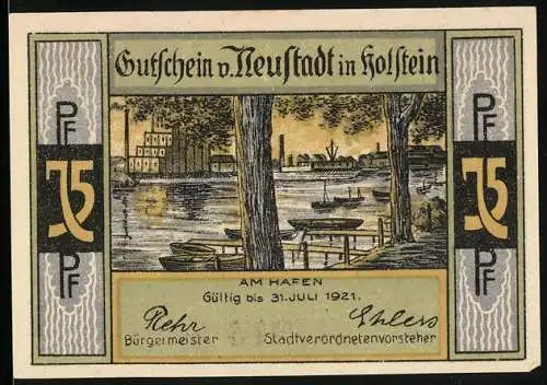 Notgeld Neustadt in Holstein, 1921, 75 Pf, Hafenszene und Burgtanz mit Ziegenbock