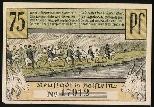 Notgeld Neustadt in Holstein, 1921, 75 Pf, Hafenszene und Burgtanz mit Ziegenbock