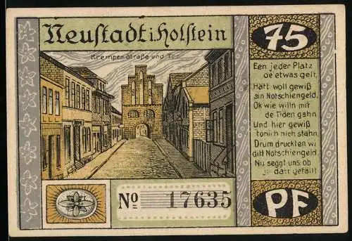 Notgeld Neustadt in Holstein, 1921, 75 Pfennig, Kremper Strasse und der grosse Brand 1817