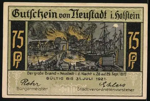 Notgeld Neustadt in Holstein, 1921, 75 Pfennig, Kremper Strasse und der grosse Brand 1817