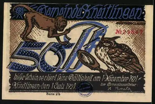 Notgeld Kneitlingen 1921, 50 Pfennig, Burgheer mit Paten, Affe und Eule