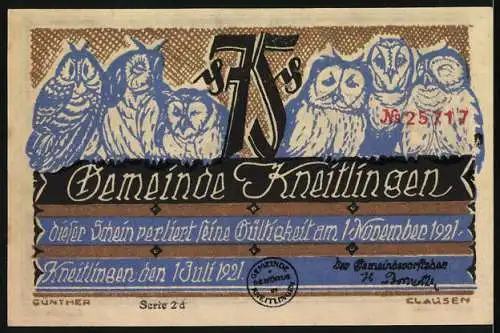 Notgeld Kneitlingen 1921, 75 Pfennig, Eulenspiegel verkauft einen Dachhasen für einen Feldhasen, Eulen und Schriftzug