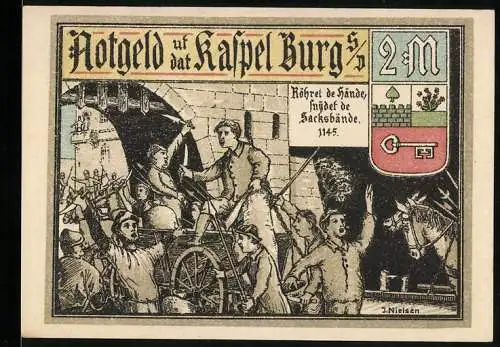 Notgeld Burg, 1916, 2 Mark, mittelalterliche Burgszenen und Wappen, 1145 und De Köckenborg 1145