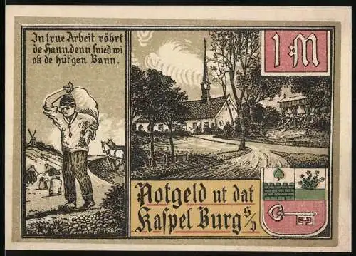 Notgeld Burg 1916, 1 Mark, ländliche Szenen und Arbeiter, Kirche, Windmühle, Segelboote