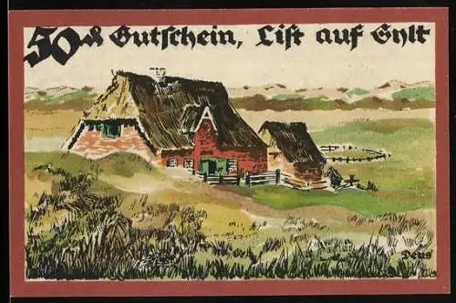 Notgeld List auf Sylt, 1921, 50 Pf, Häuser in der Landschaft