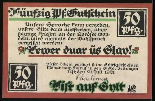 Notgeld List auf Sylt, 1921, 50 Pf, Häuser in der Landschaft