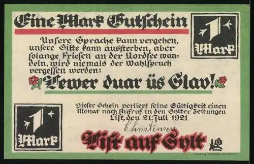 Notgeld List a. Sylt 1921, 1 Mark, Boot mit Figuren in stürmischer See