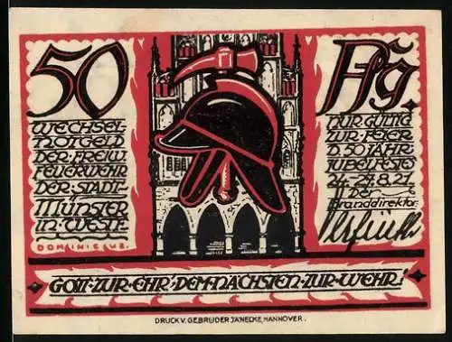 Notgeld Münster 1921, 50 Pfennig, Freiwillige Feuerwehr mit Feuerwehrhelm und Feuerwehrauto