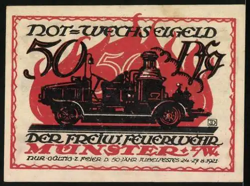 Notgeld Münster 1921, 50 Pfennig, Freiwillige Feuerwehr mit Feuerwehrhelm und Feuerwehrauto