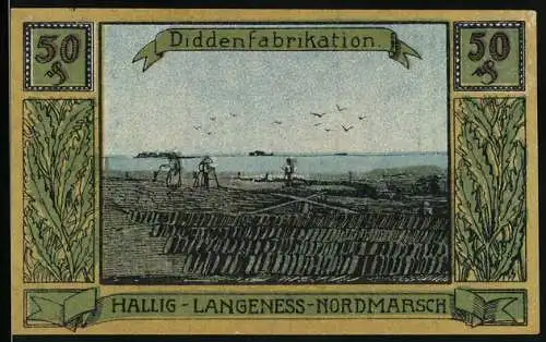 Notgeld Hallig Langeness-Nordmarsch, 1921, 50 Pfennig, Diddenfabrikation und getrockneter Kuhdünger