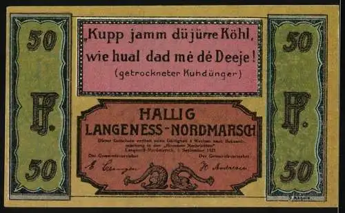 Notgeld Hallig Langeness-Nordmarsch, 1921, 50 Pfennig, Diddenfabrikation und getrockneter Kuhdünger