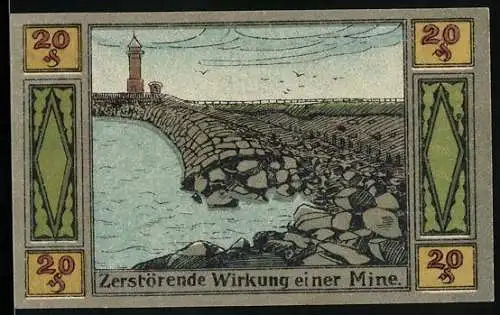 Notgeld Hallig Langeness-Nordmarsch 1921, 20 Pfennig, Zerstörende Wirkung einer Mine, Leuchtturm und Küstenmauer