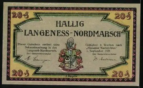 Notgeld Hallig Langeness-Nordmarsch 1921, 20 Pfennig, Zerstörende Wirkung einer Mine, Leuchtturm und Küstenmauer