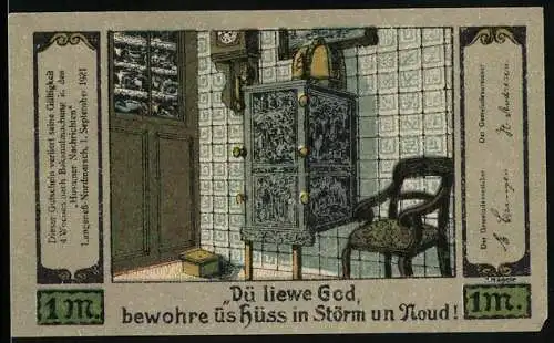 Notgeld Hallig Langeness-Nordmarsch 1921, 1 Mark, Interieur mit Spruch und Portrait mit Windmühle und Segelschiff