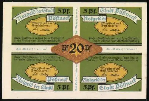 Notgeld Pössneck, 1920, 4x 5 Pfennig, Handwerk-Darstellungen und Magistratsvermerk