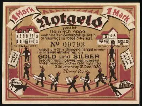 Notgeld Süderbrarup, 1920, 1 Mark, Detailreich illustriert mit Hinweisen zur Einlösung in Gold und Silber