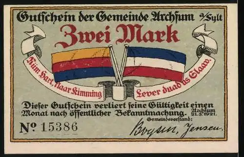 Notgeld Archsum / Sylt, 1921, 2 Mark, Sturmflut am 3. Dez. 1909, zwei Flaggen mit Spruchbändern