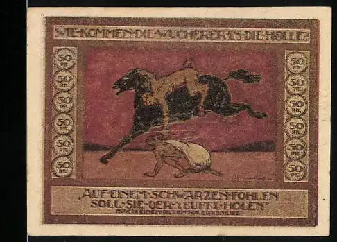 Notgeld Ansbach, 1918, 50 Pfennig, Hund und Mann mit Spruch Auf einem schwarzen Fohlen soll sie der Teufel holen